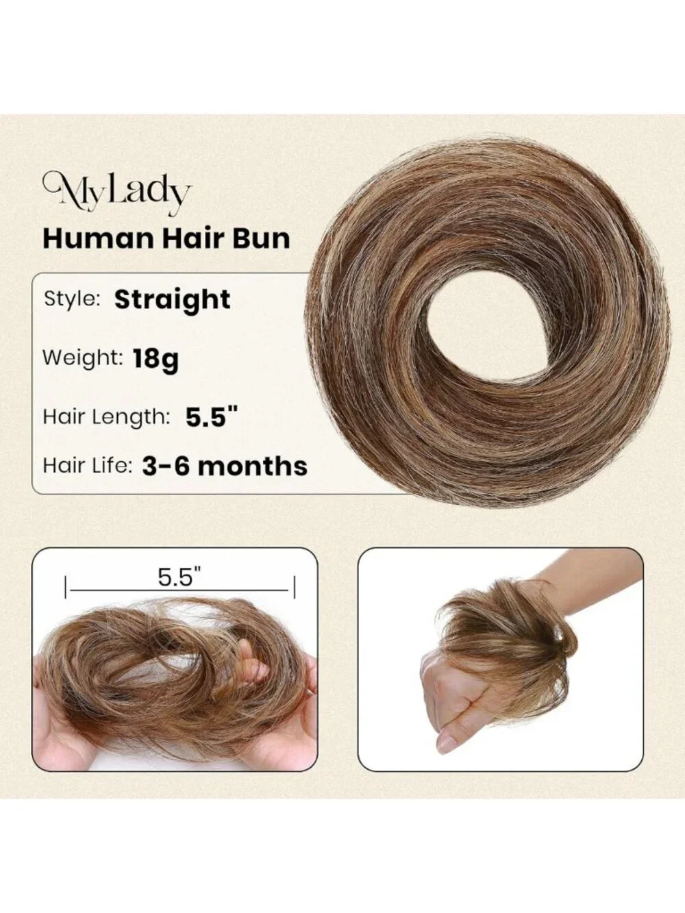 Messy Bun Hair Pieces - Human Hair, Medium Brown & Dark Blonde, Perfect for